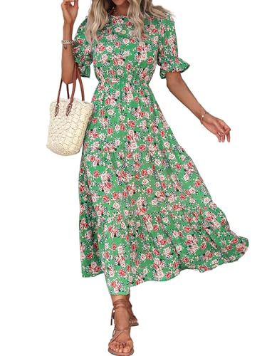 IFFEI Damen Sommerkleid Lang Elegant Boho Blumenkleider Puffärmel Rundhals Rüschenkleid Leicht Maxikleid Grün M von IFFEI