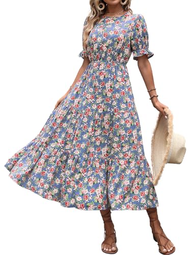 IFFEI Damen Sommerkleid Lang Elegant Boho Blumenkleider Puffärmel Rundhals Rüschenkleid Leicht Maxikleid Lila XL von IFFEI