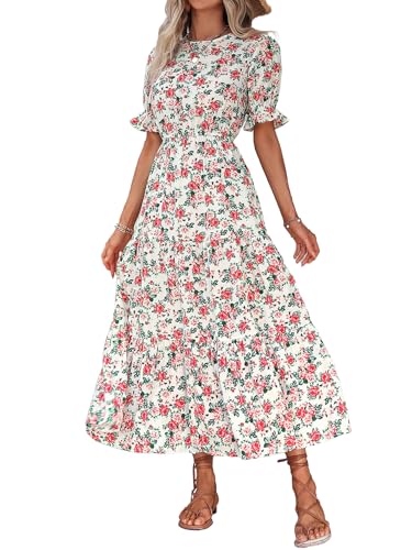 IFFEI Damen Sommerkleid Lang Elegant Boho Blumenkleider Puffärmel Rundhals Rüschenkleid Leicht Maxikleid Weiß M von IFFEI