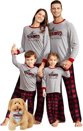 IFFEI Familien Weihnachtspyjama Passende Sets Pyjama Nachtwäsche Bedrucktes Oberteil und Karierte Hose mit Taschen Grauer LKW Pet Small von IFFEI