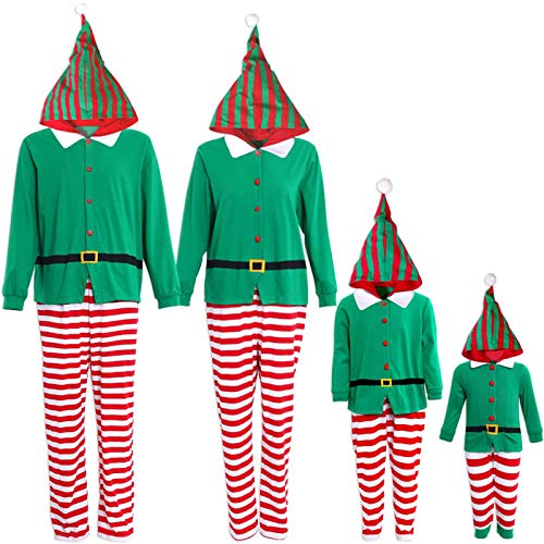 IFFEI Familien-passendes Weihnachtspyjama-Set, einteilig, gestreift, mit Kapuze, Nachtwäsche, Weihnachtsmann, Elfe, Einteiler-Outfit 10-11 Years von IFFEI