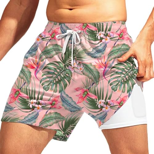 IFFEI Herren Badehose mit Innenfutter 2 in 1 Badeshorts Atmungsaktiv Schnelltrocknend Elastisch mit Taschen und Verstellbarem Bund für Sport & Strand Rosa Men XXLarge von IFFEI