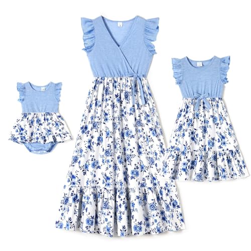 IFFEI Kleid mädchen Kleider für mädchen Kleider Damen Gepunktetes Kleid Rüschenärmel Sommerkleid Familie Passende Outfits Blau 3-6M von IFFEI