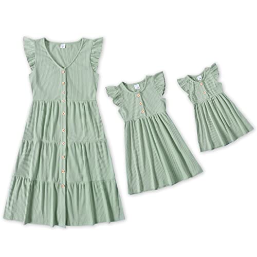 IFFEI Kleid mädchen Kleider für mädchen Kleider Damen Gepunktetes Kleid Rüschenärmel Sommerkleid Familie Passende Outfits Grün Medium von IFFEI