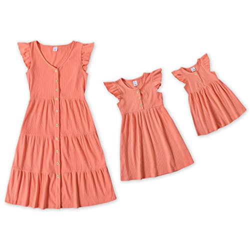 IFFEI Kleid mädchen Kleider für mädchen Kleider Damen Gepunktetes Kleid Rüschenärmel Sommerkleid Familie Passende Outfits Koralle Small von IFFEI