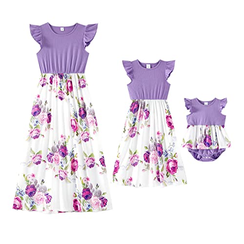 IFFEI Kleid mädchen Kleider für mädchen Kleider Damen Gepunktetes Kleid Rüschenärmel Sommerkleid Familie Passende Outfits Lila 9-12M von IFFEI