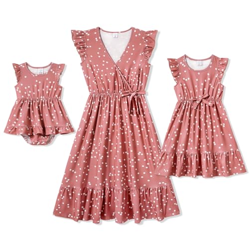 IFFEI Kleid mädchen Kleider für mädchen Kleider Damen Gepunktetes Kleid Rüschenärmel Sommerkleid Familie Passende Outfits Rosa Medium von IFFEI