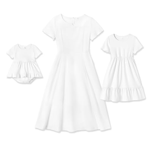 IFFEI Kleid mädchen Kleider für mädchen Kleider Damen Gepunktetes Kleid Rüschenärmel Sommerkleid Familie Passende Outfits White 4-5Y von IFFEI