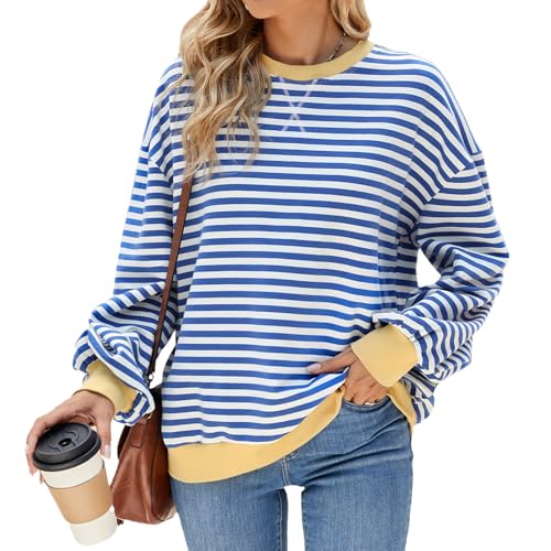 IFFEI Oversized Sweatshirt Damen Rundhals Pullover Gestreifter Langarmshirts Oberteile Herbst Lässig Y2K Top Shirt Blau-weiß L von IFFEI