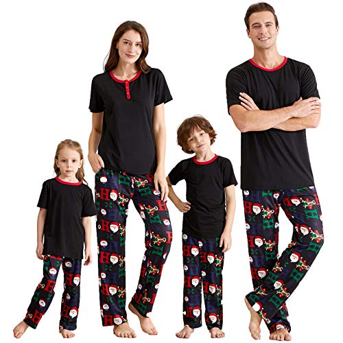 IFFEI Passende Familien-Pyjama-Sets, Weihnachts-Pyjamas mit kurzärmeligem schwarzem T-Shirt und HOHOHO-Print-Hosen, Loungewear mit Tasche Women L von IFFEI