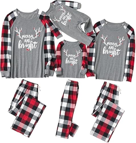 IFFEI Passende Familien-Pyjama-Sets, Weihnachtspyjamas mit Buchstaben- und Karomuster, langärmliges T-Shirt und Unterteil, Loungewear 3-4 Years von IFFEI