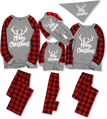 IFFEI Passende Familien-Pyjama-Sets, Weihnachtspyjamas mit Buchstaben- und Karomuster, langärmliges T-Shirt und Unterteil, Loungewear 9-12 Month von IFFEI