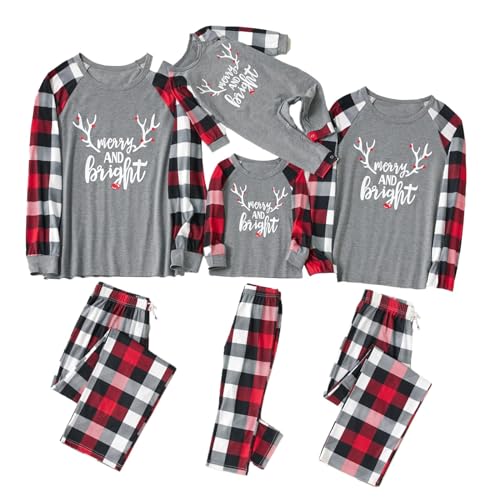 IFFEI Passende Familien-Pyjama-Sets, Weihnachtspyjamas mit Buchstaben- und Karomuster, langärmliges T-Shirt und Unterteil, Loungewear Women S von IFFEI