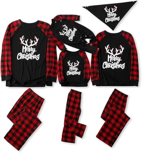 IFFEI Passende Familien-Pyjama-Sets Weihnachtspyjamas mit Buchstaben- und Karomuster Langärmliges T-Shirt und Unterteil Loungewear Schwarz-geweih Baby 3-6M von IFFEI