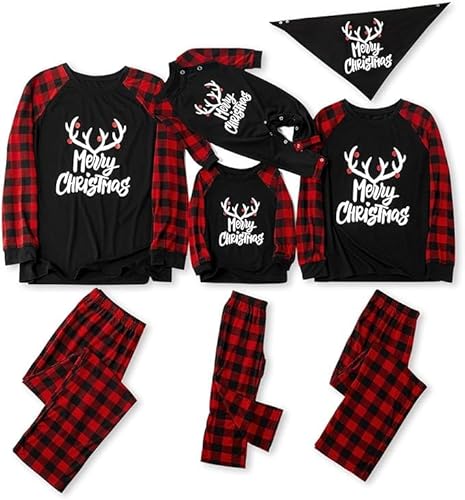 IFFEI Passende Familien-Pyjama-Sets Weihnachtspyjamas mit Buchstaben- und Karomuster Langärmliges T-Shirt und Unterteil Loungewear Schwarz-geweih Pet Large von IFFEI