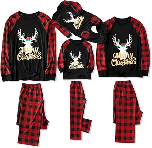 IFFEI Passende Familien-Pyjama-Sets Weihnachtspyjamas mit Buchstaben- und Karomuster Langärmliges T-Shirt und Unterteil Loungewear Schwarzes Gold Pet Small von IFFEI