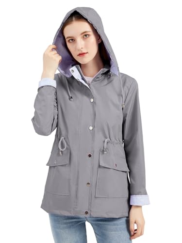 IFFEI Regenjacke Damen Kapuze Übergangsjacke Damen Windbreaker Jacke mit Taille Kordelzug Outdoor Wandern Radfahren Grey L von IFFEI