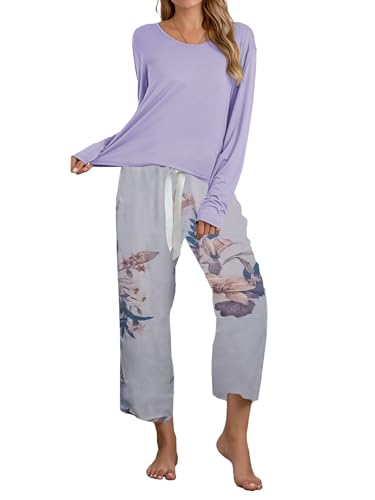 IFFEI Schlafanzug Damen Lang Zweiteiliger Pyjama Set Einfarbiger Rundhals Oberteil und 3/4 Lange Capri Hose Hausanzug Lila Large von IFFEI