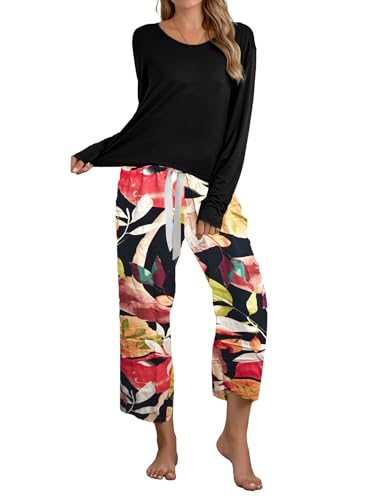 IFFEI Schlafanzug Damen Lang Zweiteiliger Pyjama Set Einfarbiger Rundhals Oberteil und 3/4 Lange Capri Hose Hausanzug Schwarz Medium von IFFEI