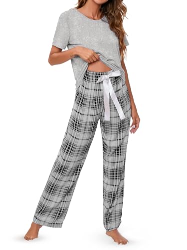 IFFEI Schlafanzug Damen Zweiteiliger Pyjama Set mit Kurzarm und Karierter Hose Rundhals Nachtwäsche Lounge Set Grau voll Small von IFFEI