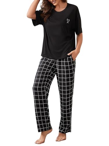 IFFEI Schlafanzug Damen Zweiteiliger Pyjama Set mit Kurzarm und Karierter Hose Rundhals Nachtwäsche Lounge Set Schwarz X-Large von IFFEI