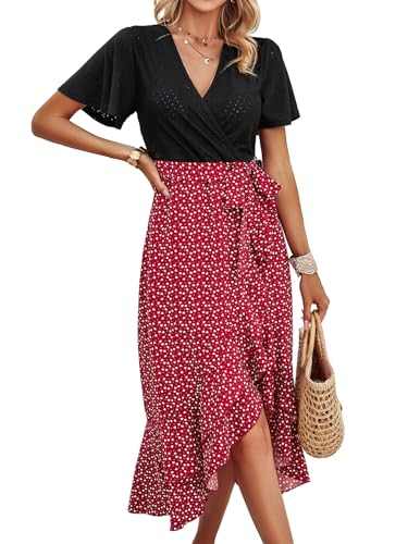 IFFEI Sommerkleid Damen Elegant Schlitz Boho Blumenkleid Leichte Knielang Freizeitkleid mit Gürtel Burgund XL von IFFEI