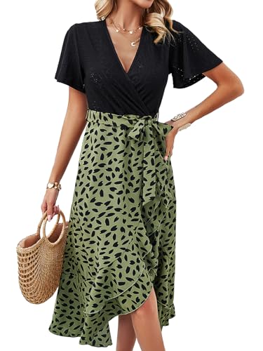IFFEI Sommerkleid Damen Elegant Schlitz Boho Blumenkleid Leichte Knielang Freizeitkleid mit Gürtel Freizeitkleid Grün M von IFFEI