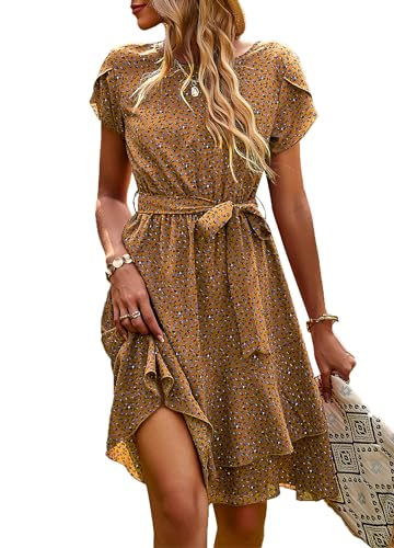 IFFEI Sommerkleid Elegante Kleider Damen Damen Leicht Boho Blumenkleider Kurz Rüschen Strandkleid mit Gürtel Braun XL von IFFEI