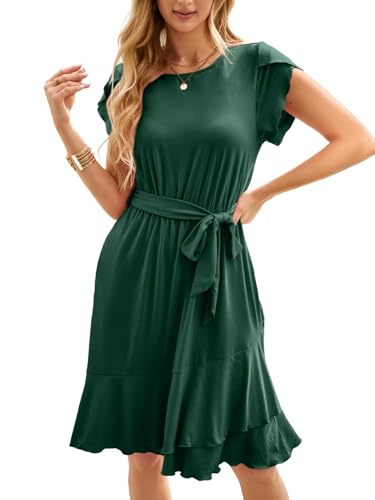 IFFEI Sommerkleid Elegante Kleider Damen Damen Leicht Boho Blumenkleider Kurz Rüschen Strandkleid mit Gürtel Dunkelgrün S von IFFEI