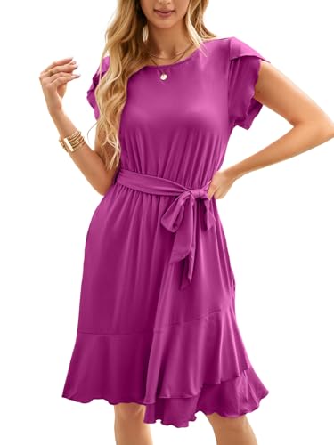 IFFEI Sommerkleid Elegante Kleider Damen Damen Leicht Boho Blumenkleider Kurz Rüschen Strandkleid mit Gürtel Lila L von IFFEI