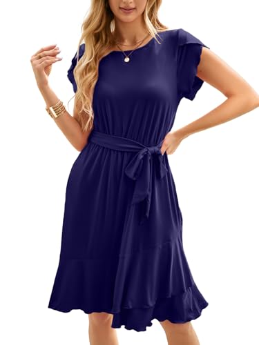 IFFEI Sommerkleid Elegante Kleider Damen Damen Leicht Boho Blumenkleider Kurz Rüschen Strandkleid mit Gürtel Marine M von IFFEI
