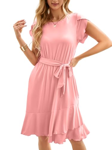 IFFEI Sommerkleid Elegante Kleider Damen Damen Leicht Boho Blumenkleider Kurz Rüschen Strandkleid mit Gürtel Pfirsich S von IFFEI