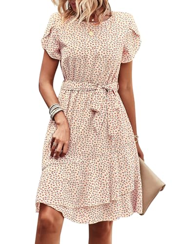 IFFEI Sommerkleid Elegante Kleider Damen Damen Leicht Boho Blumenkleider Kurz Rüschen Strandkleid mit Gürtel Rot-beige L von IFFEI