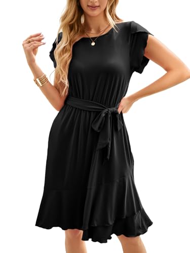 IFFEI Sommerkleid Elegante Kleider Damen Damen Leicht Boho Blumenkleider Kurz Rüschen Strandkleid mit Gürtel Schwarz M von IFFEI