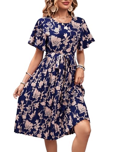 IFFEI Sommerkleid Damen Leicht Knielangkleider Blumen Kurzarm Plissee A-Linie Freizeitkleid mit Gürtel Blau L von IFFEI