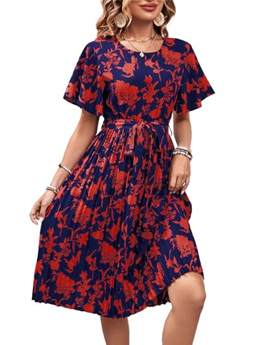 IFFEI Sommerkleid Damen Leicht Knielangkleider Blumen Kurzarm Plissee A-Linie Freizeitkleid mit Gürtel Rot L von IFFEI