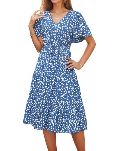 IFFEI Sommerkleid Damen V-Ausschnitt Kurzarm Polka Rüschenkleid Knielang Lang Leicht Freizeitkleid mit Gürtel Blau L von IFFEI