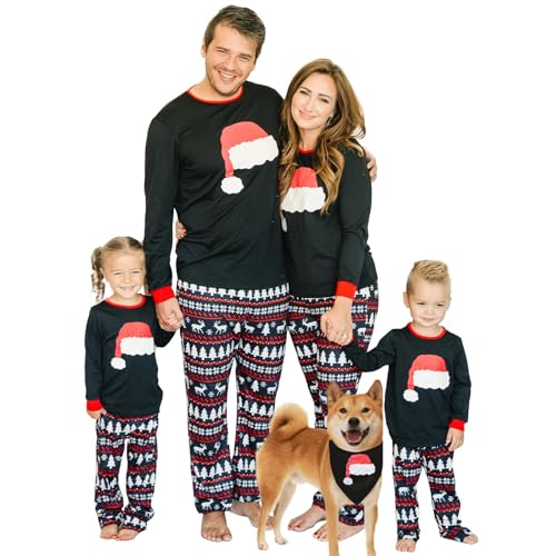 IFFEI Weihnachts Pyjama Passende Familien Pyjama Sets Langarm Schlafanzug Zweiteiler Tops und Pants Hausanzug Schwarz-mützen Damen M von IFFEI
