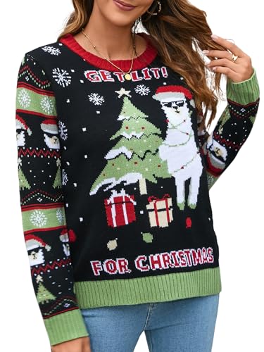 IFFEI Weihnachtspullover Damen Lustige Ugly Christmas Sweater Novelty Rundhals Strickpullover for Xmas Party Alpaca S von IFFEI