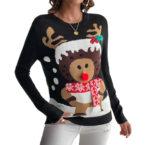 IFFEI Weihnachtspullover Damen Lustige Ugly Christmas Sweater Novelty Rundhals Strickpullover for Xmas Party Black-Reindeer XL von IFFEI
