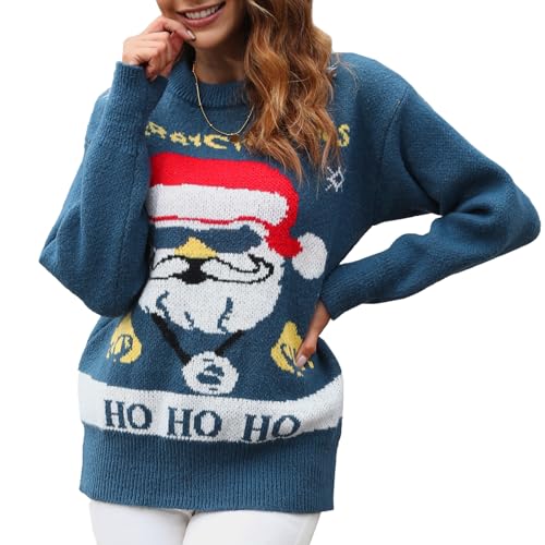 IFFEI Weihnachtspullover Damen Lustige Ugly Christmas Sweater Novelty Rundhals Strickpullover for Xmas Party Deep Blue-Santa M von IFFEI
