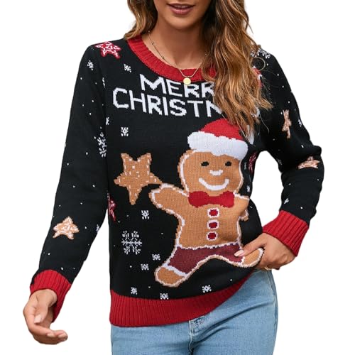 IFFEI Weihnachtspullover Damen Lustige Ugly Christmas Sweater Novelty Rundhals Strickpullover for Xmas Party Gingerbread-Black XL von IFFEI