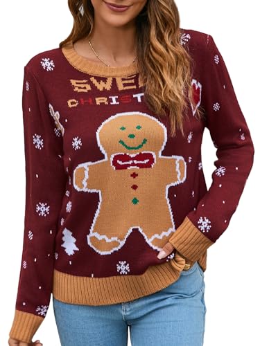 IFFEI Weihnachtspullover Damen Lustige Ugly Christmas Sweater Novelty Rundhals Strickpullover for Xmas Party Gingerbread M von IFFEI