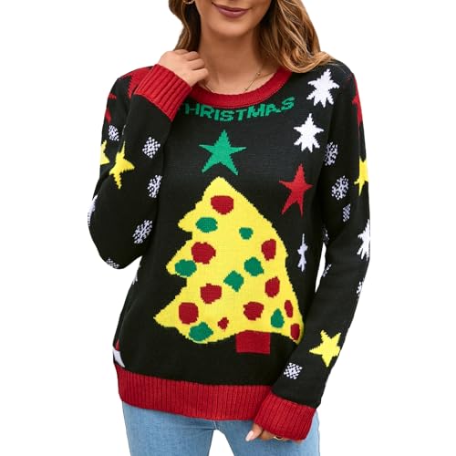 IFFEI Weihnachtspullover Damen Lustige Ugly Christmas Sweater Novelty Rundhals Strickpullover for Xmas Party Pizza XL von IFFEI
