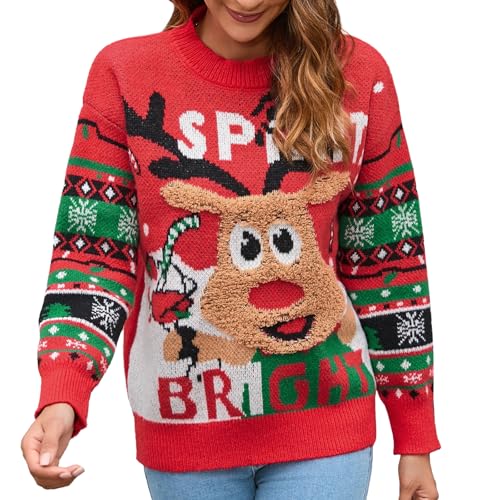 IFFEI Weihnachtspullover Damen Lustige Ugly Christmas Sweater Novelty Rundhals Strickpullover for Xmas Party Reindeer XL von IFFEI