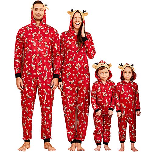 IFFEI Weihnachtspyjama für die Familie Passender einteiliger Pyjama mit Schnee- und Rentier-Aufdruck und Kapuzenpullover Women XL von IFFEI