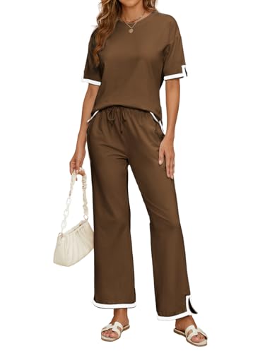IFFEI Zweiteiler Damen Hausanzug Strick Lounge Set mit Kurzarm Rundhals Pullover und Lange Hose Freizeitanzug Tracksuit 2 Teiler Set Outfit Braun Large von IFFEI