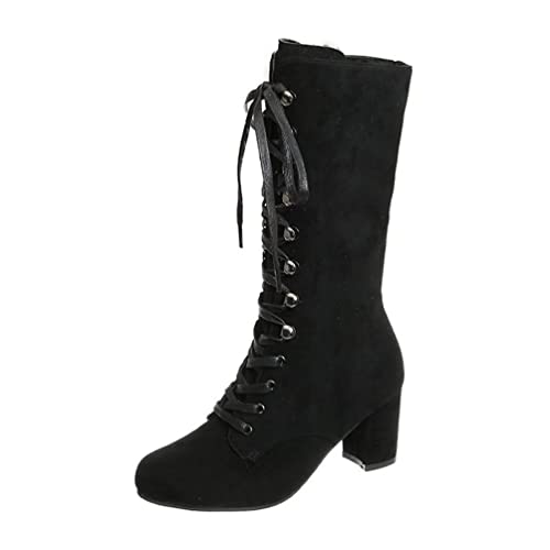 IFIKK Damen Mode Schnürstiefel Elegante Stiefel Mit Mittlerem Absatz Lässige Einfarbige über Knielange Lange Stiefel Gothic Vintage Retro Punk Stiefel Kurze Ferse Spitze Zehenstiefel (Schwarz,40) von IFIKK