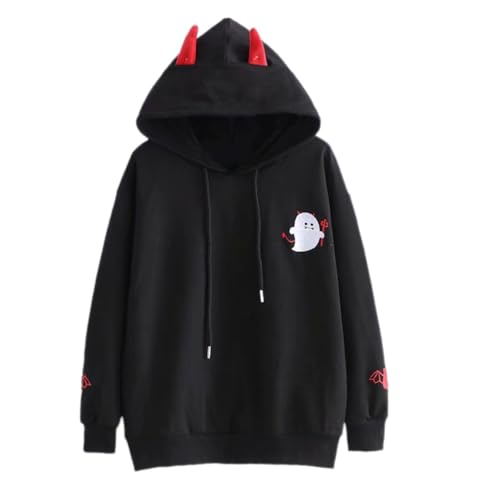 IFIKK Harajuku Pullover Mädchenkleidung Mit Kleinen Teufelshörnern Gotische Lolita Kapuzenpullover Für Damen (Schwarz,XXL) von IFIKK