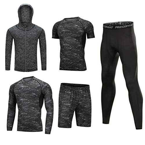 IFIKK Herren 5 Stücke Sportanzug-Set Trainingsanzug-Sets Sport Anzug Schnell Trocken Joggen Kleidung Strumpfhosen Laufanzüge Kompression Shirt Gym Training Lauf Trainingsanzüge (Stil#4, 2XL) von IFIKK